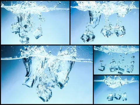 Collection of ice cubes dropped into drinking water Stock Photos
