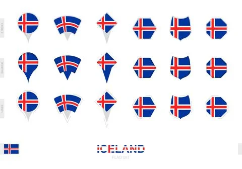Collection of the Iceland flag in different shapes and with three different.. Stock Illustration