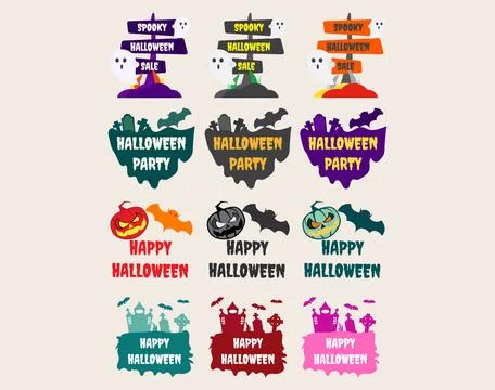 Collection icon with Halloween party text, tombs and bats.set of text hallo.. Illustrazione stock