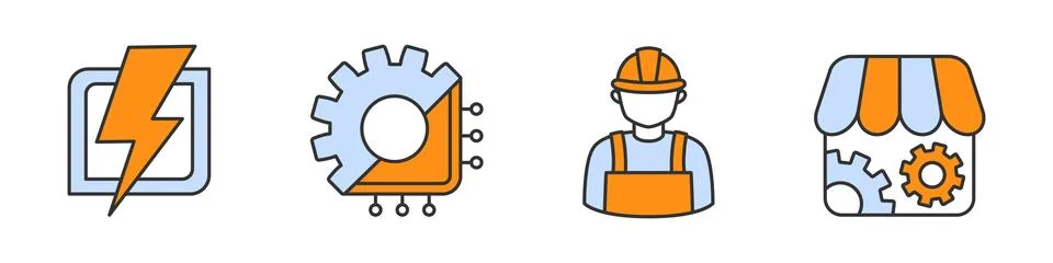 Collection of icon on topic electrical engineering in white, blue and orange Stock Illustration