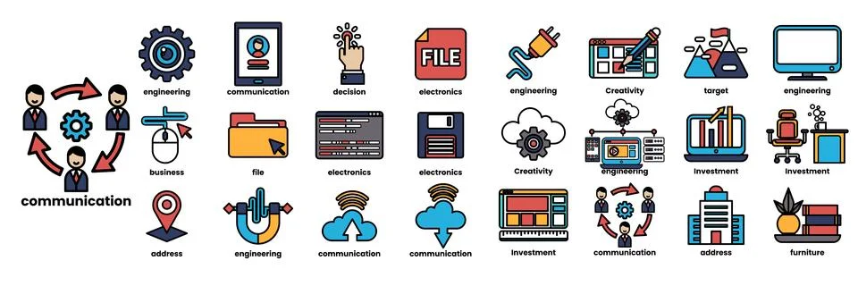 A collection of icons for communication, including a computer mouse, a keyboa Stock Illustration