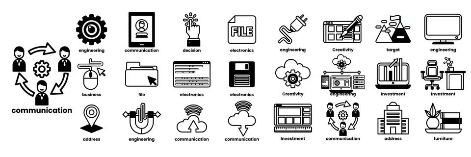 A collection of icons for communication, including a computer mouse, a keyb.. Stock Illustration