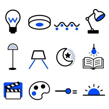 Collection of Icons Related to Light, Creativity, and Media Stock Illustration