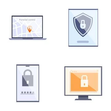 Collection of icons representing digital security features on various devices イラスト素材