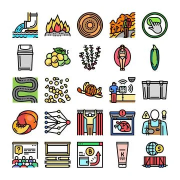 Collection of icons representing nature, technology, and health Stock Illustration