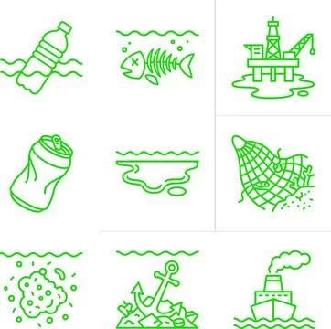 Collection of Icons Representing Ocean Pollution and Environmental Damage. Stock Illustration