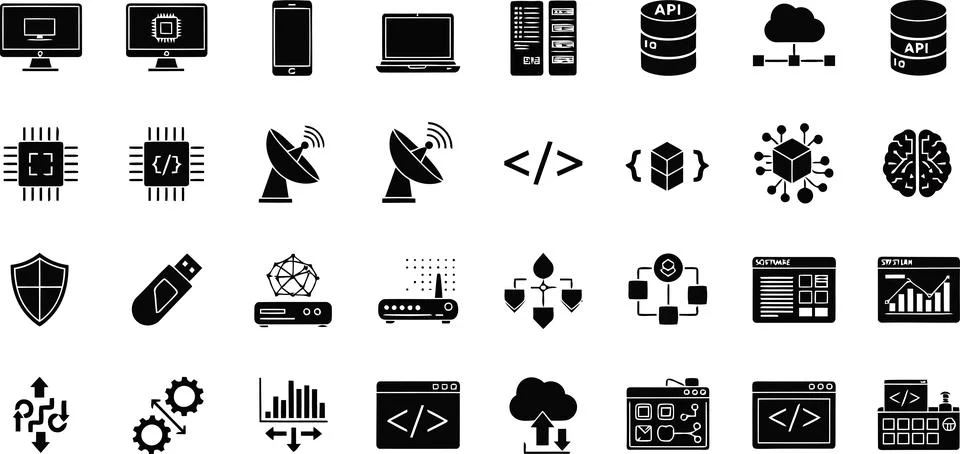 A collection of icons representing technology, programming and digital concep イラスト素材
