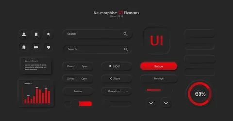 A collection of icons for user interface development in black and red. Stock Illustration