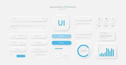 A collection of icons for user interface development in white and light blue. A Stock Illustration