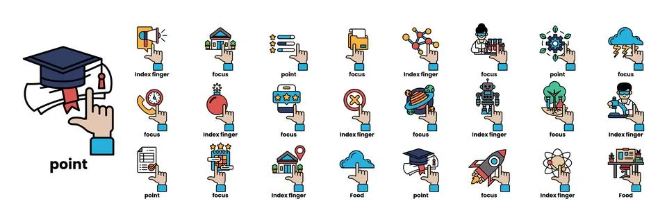Collection of icons for various things including a hand pointing 스톡 일러스트