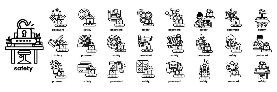 A collection of icons for various things, including a computer, a keyboard Illustrazione stock