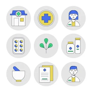 Collection of illustrated pharmacist elements Illustrazione stock