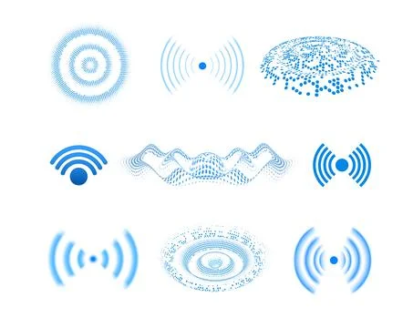 Collection of illustrations of blue sound waves for Wi-Fi. Stock Illustration