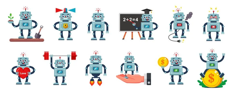 Collection of illustrations of a character of a robot of different profession Stock Illustration