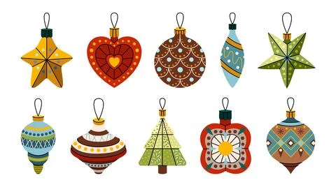 Collection of illustrations of Christmas decorations in simple geometric shapes Stock Illustration