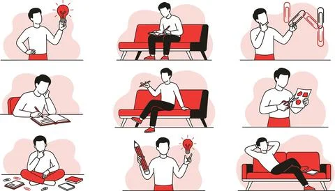 Collection of Illustrations Depicting Creative Thinking and Problem Solving. Stockillustratie