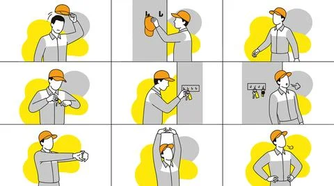 Collection of Illustrations Depicting a Worker Performing Various Tasks and.. Stock Illustration