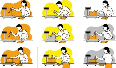 Collection of Illustrations Showing Postal Workers Weighing and Stamping Pa.. Stock Illustration