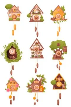 Collection of images of the cuckoo clock. Vector illustration on a white Stock Illustration