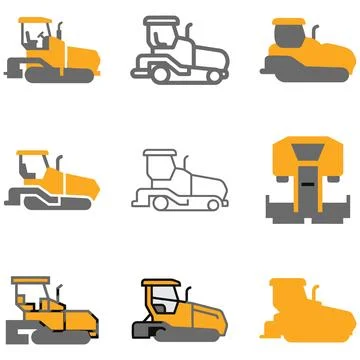Collection of industrial construction road roller machinery icons in yellow.. Иллюстрация
