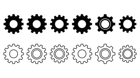 Collection of industrial gear icons in solid black Stock Illustration