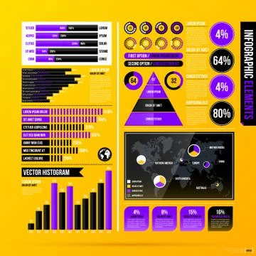 Collection of infographic design elements on bright yellow background in mode Stock Illustration