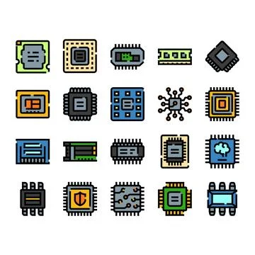 Collection of integrated circuits and computer microchips representing tech.. Stock Illustration