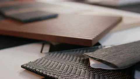 Collection of interior design material samples with wood panel and fabrics Stockbeeldmateriaal 155207494