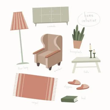 Collection of interior items of a living room creating home comfort. Stock Illustration