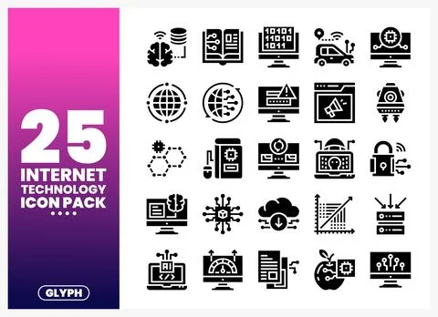 Collection of internet technology glyph icons on a gradient background. rep.. Illustrazione stock
