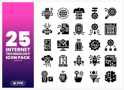 Collection of internet technology glyph icons displayed on a clean white ba.. Illustrazione stock