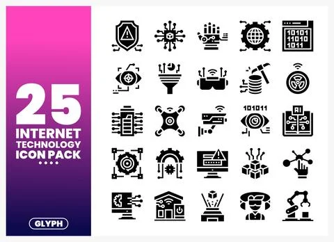Collection of internet technology glyph icons on a white background. 库存插图