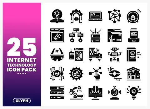 A collection of internet technology glyph icons in black on a white backgro.. Illustrazione stock
