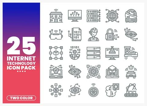 A collection of internet technology icons in a two-color outline style on a.. イラスト素材