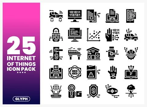 Collection of Internet of Things icons in a glyph style. digital technology.. Stock Illustration