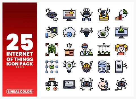Collection of Internet of Things lineal color icons for technology and data. Stock Illustration