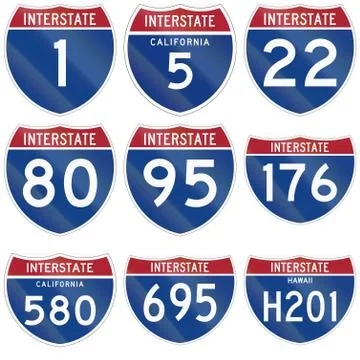 Collection of Interstate route markers used in the USA Stock Illustration