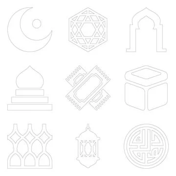 Collection of intricate Islamic geometric patterns and architectural elemen.. Stock Illustration