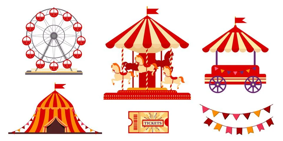Collection of isolated circus objects playground carousel ferris wheel Illustrazione stock