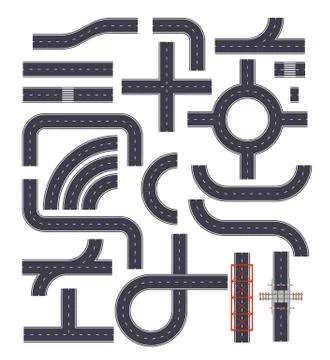 Collection of isolated connectable highway elements. Street roads with footpaths Stock Illustration