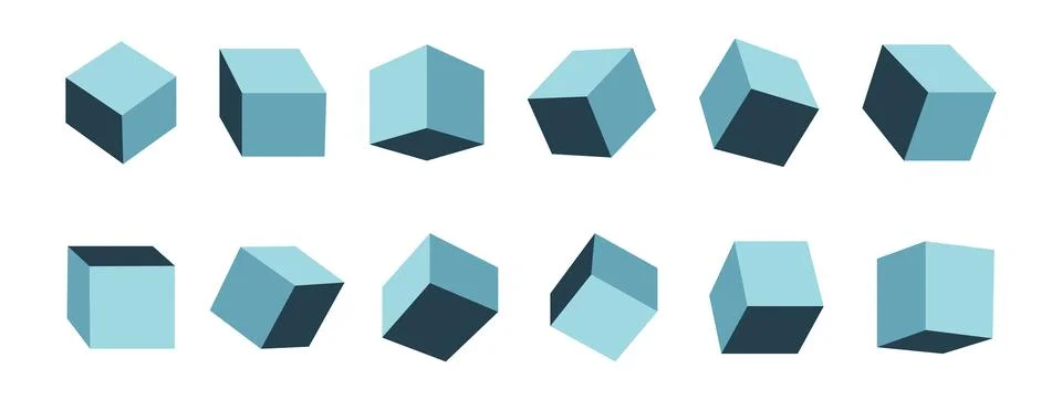 Collection of isometric abstract 3D cubes in different sides. Minimal geometric Illustrazione stock
