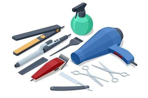 A collection of isometric barber tools including scissors, clippers, hair dryer Stock Illustration