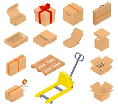 Collection of isometric cardboard boxes. Stock Illustration