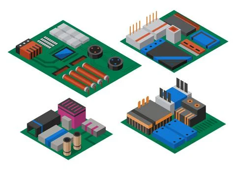 Collection of isometric circuit boards with electronic components. Computer イラスト素材