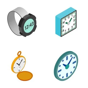 Collection of isometric clock and watch displaying time Stock Illustration