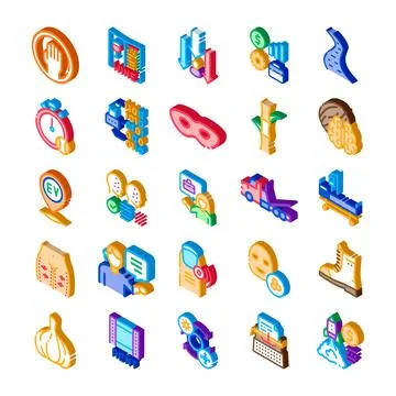 Collection of isometric icons representing diverse abstract concepts Stock Illustration