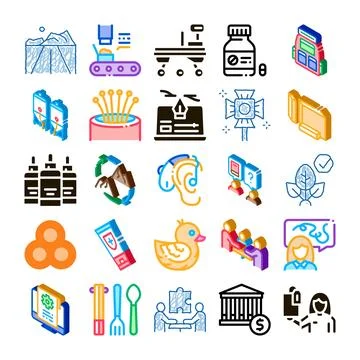 Collection of isometric icons representing diverse concepts Stock Illustration