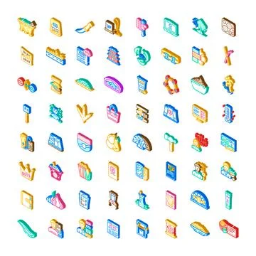 Collection of isometric icons representing diverse concepts and objects Stock Illustration