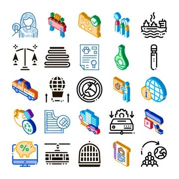 Collection of isometric icons representing various modern concepts Stock Illustration
