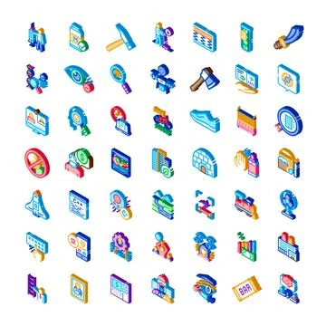Collection of isometric icons representing various concepts and tools Stock Illustration